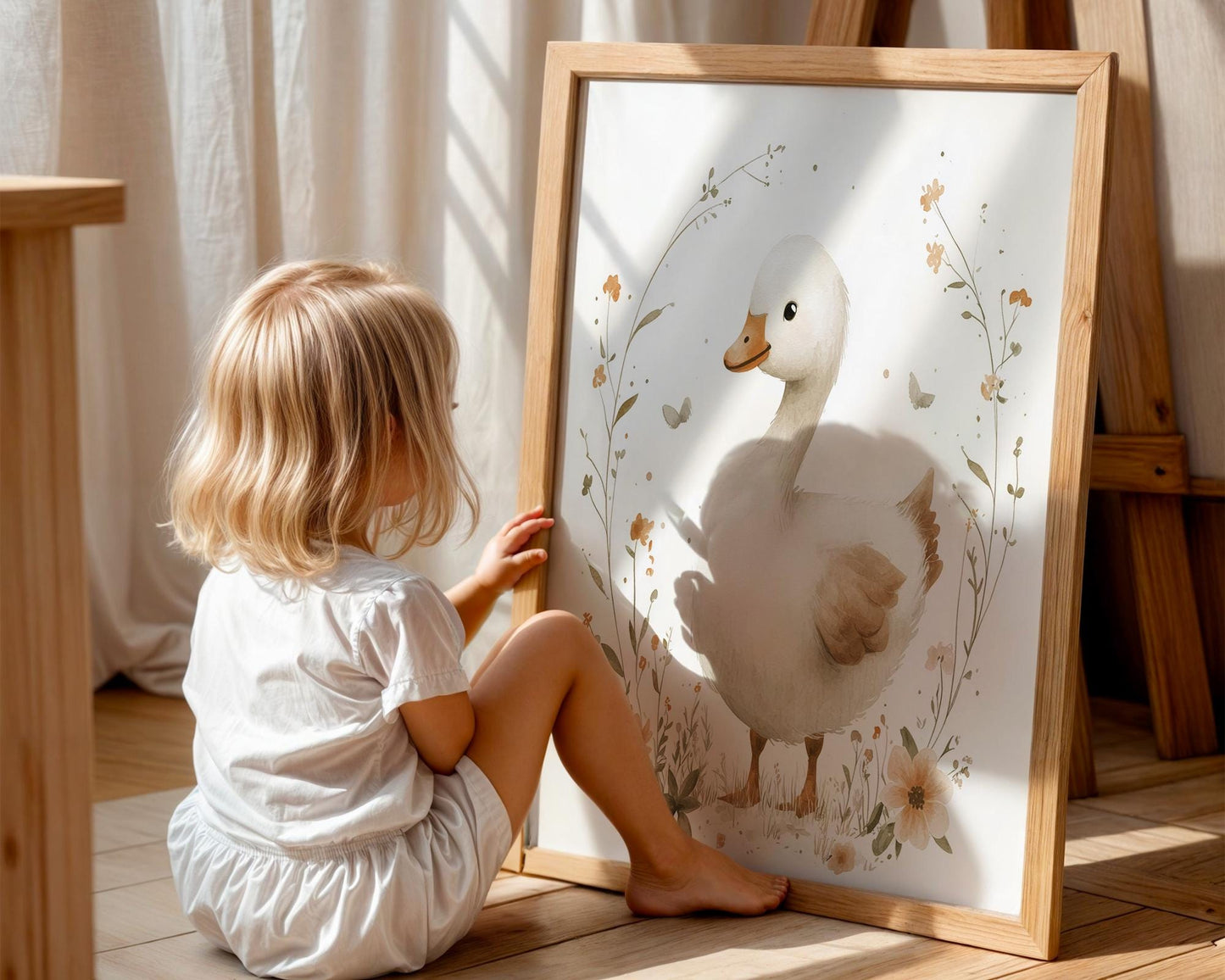 Boho Babyzimmer Poster · Niedliche Ente , Schmetterlinge, Gänseblümchen, Häuser & Sonne Scandi Kinderzimmer Deko · Deko Print ohne Rahmen-2
