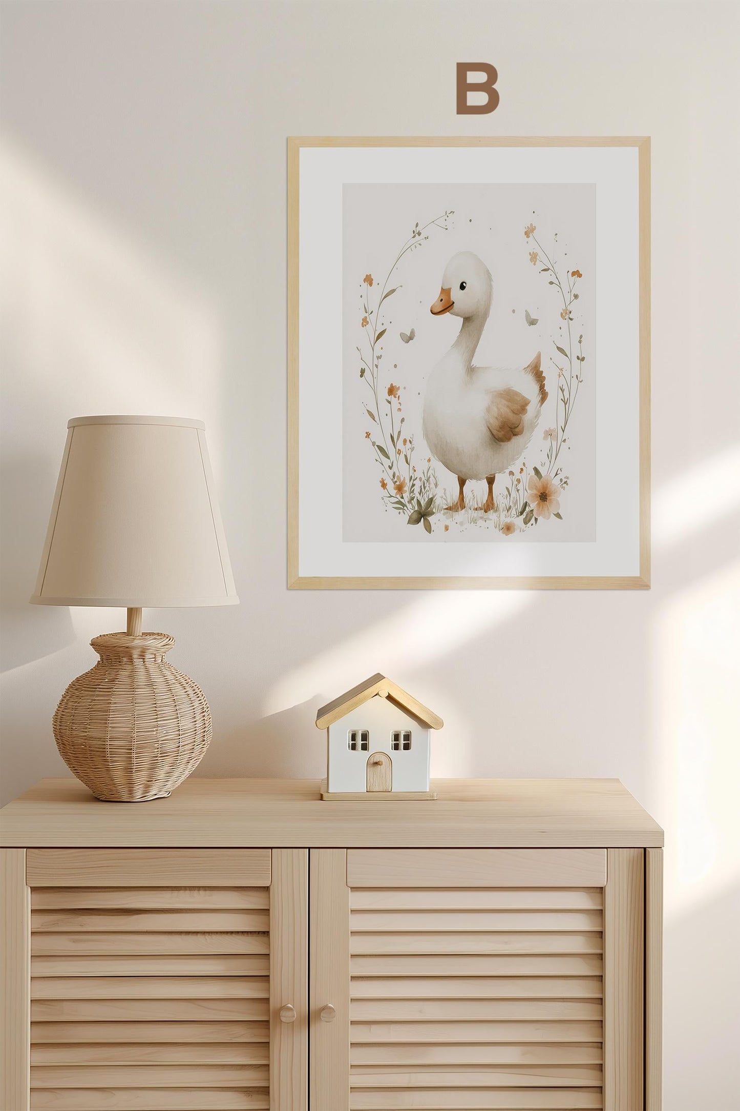 Boho Babyzimmer Poster · Niedliche Ente , Schmetterlinge, Gänseblümchen, Häuser & Sonne Scandi Kinderzimmer Deko · Deko Print ohne Rahmen-4