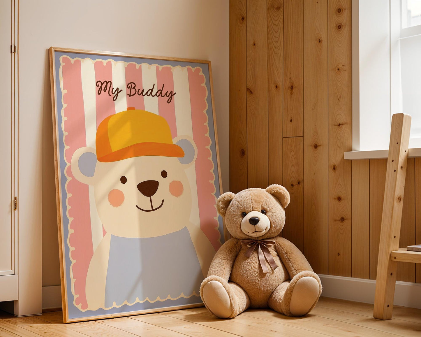 Poster Kinderzimmer Bär · My Buddy Schriftzug · Süßes Tierposter mit Mütze · Rosa & Pastell Deko · Freundliches Wandbild · Ohne Rahmen-2