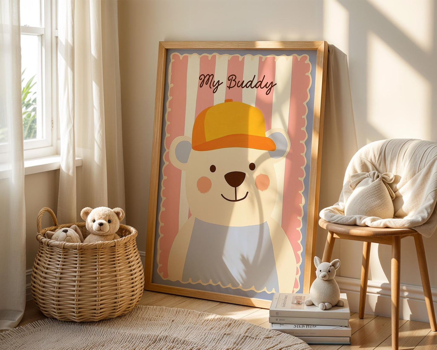 Poster Kinderzimmer Bär · My Buddy Schriftzug · Süßes Tierposter mit Mütze · Rosa & Pastell Deko · Freundliches Wandbild · Ohne Rahmen-3