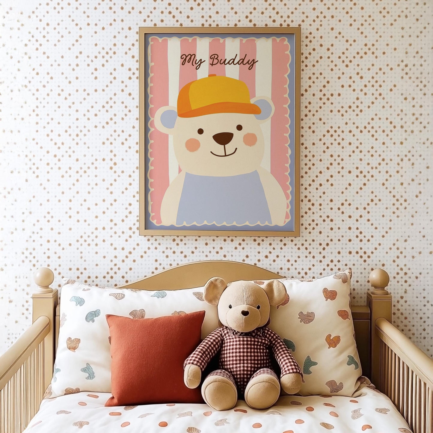 Poster Kinderzimmer Bär · My Buddy Schriftzug · Süßes Tierposter mit Mütze · Rosa & Pastell Deko · Freundliches Wandbild · Ohne Rahmen-1
