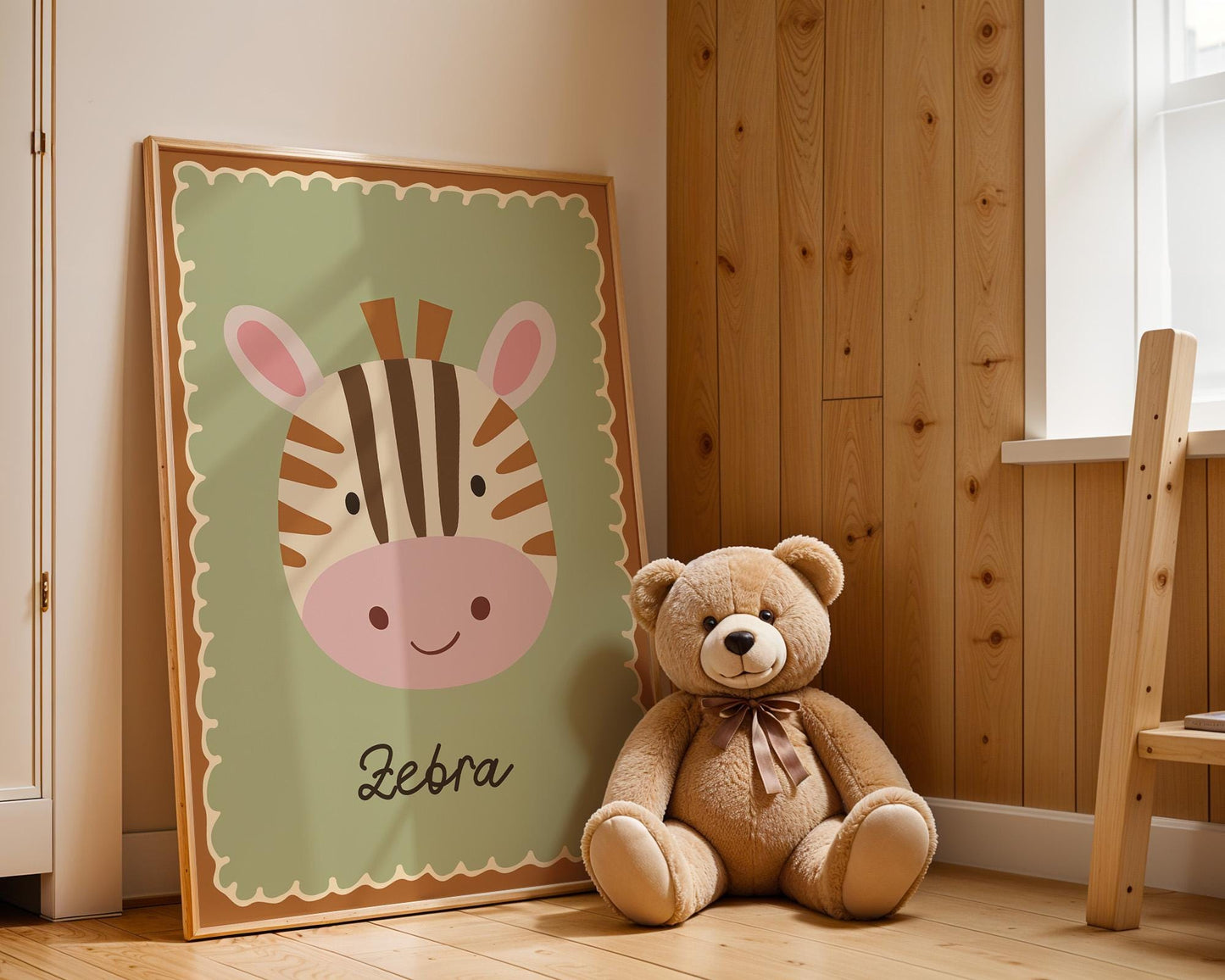 Poster Kinderzimmer Zebra · Niedliches Tiermotiv auf Grün · Safari Deko für Babyzimmer · Liebevoll illustriert · Dekoprint ohne Rahmen-2