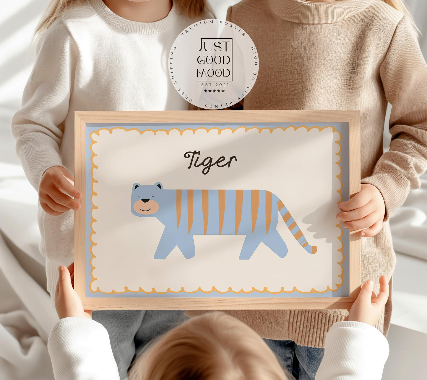 Poster Kinderzimmer Tiger · Süßer blauer Tiger mit Streifen · Tierposter für Jungen & Mädchen · Skandi Dekoprint ohne Rahmen-0