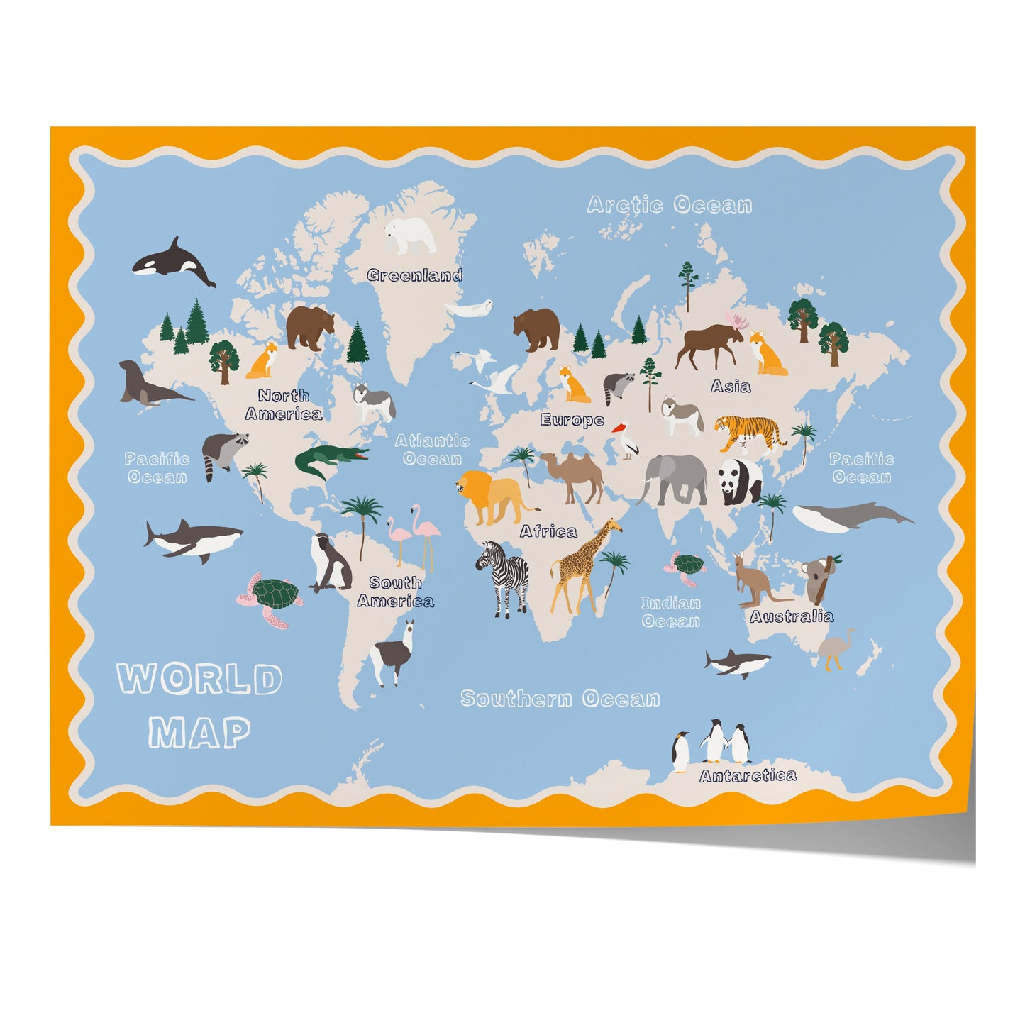 Poster Kinderzimmer Weltkarte · Tiere der Welt für Kinder · Lernposter mit Kontinenten & Ozeanen · Pädagogische Deko · Print ohne Rahmen-0
