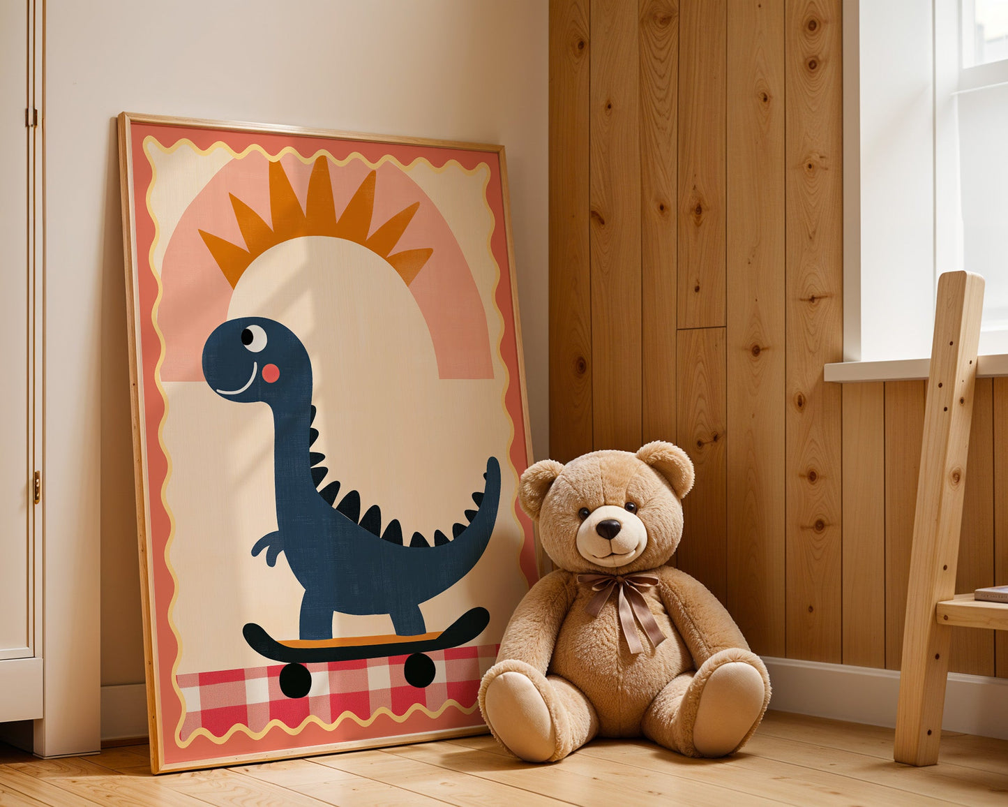 Poster Kinderzimmer Dino · Skateboard & Sonne · Lustiger Dinosaurier · Boho Farben · Geschenkidee für Kinder · Deko Print ohne Rahmen-1