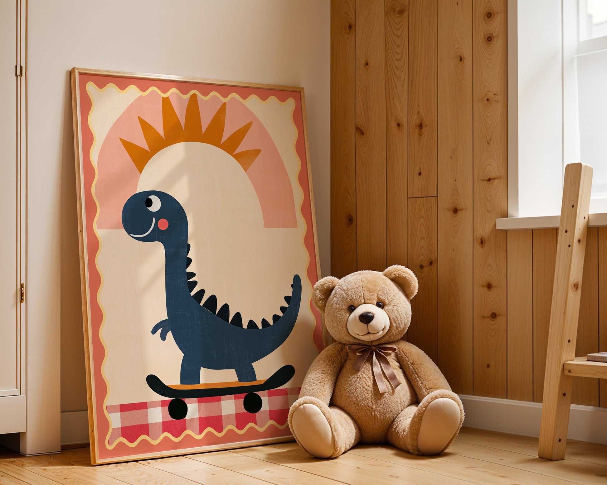 Poster Kinderzimmer Dino · Skateboard & Sonne · Lustiger Dinosaurier · Boho Farben · Geschenkidee für Kinder · Deko Print ohne Rahmen-1
