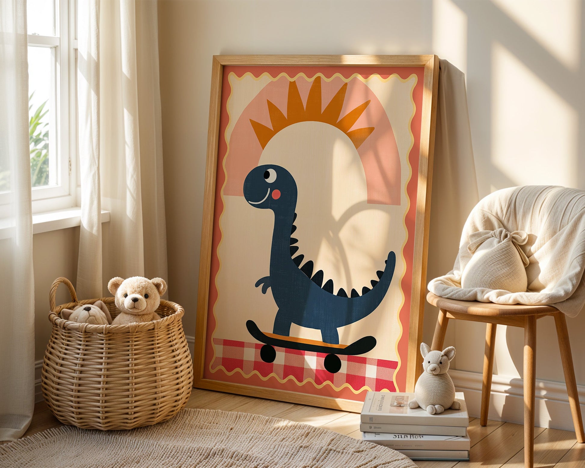 Poster Kinderzimmer Dino · Skateboard & Sonne · Lustiger Dinosaurier · Boho Farben · Geschenkidee für Kinder · Deko Print ohne Rahmen-2