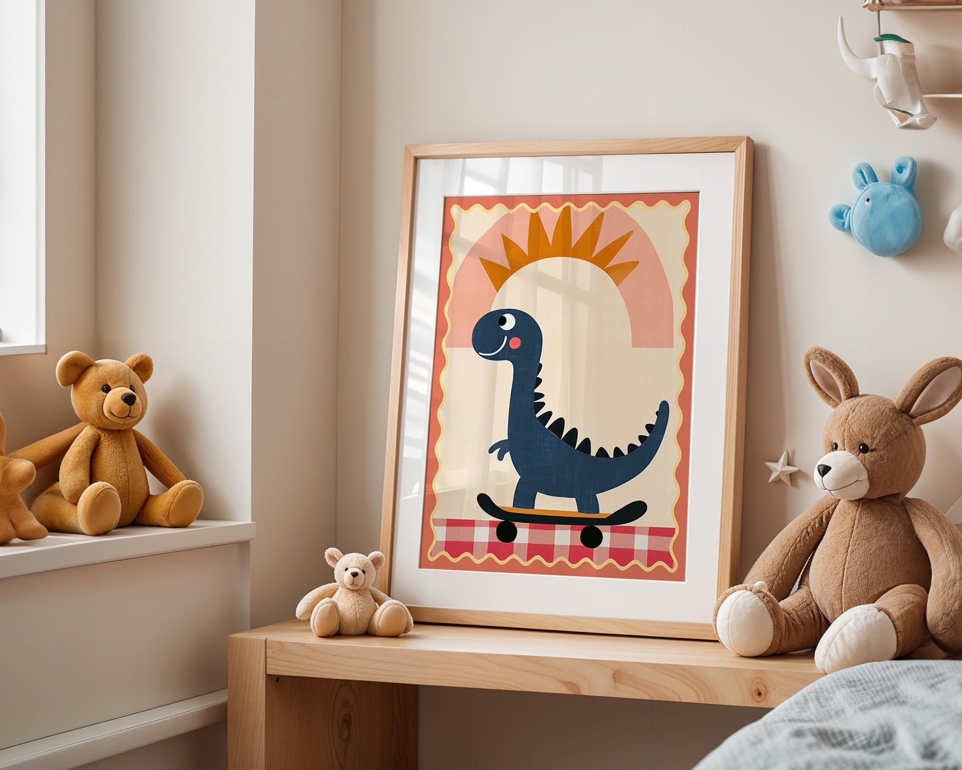 Poster Kinderzimmer Dino · Skateboard & Sonne · Lustiger Dinosaurier · Boho Farben · Geschenkidee für Kinder · Deko Print ohne Rahmen-3