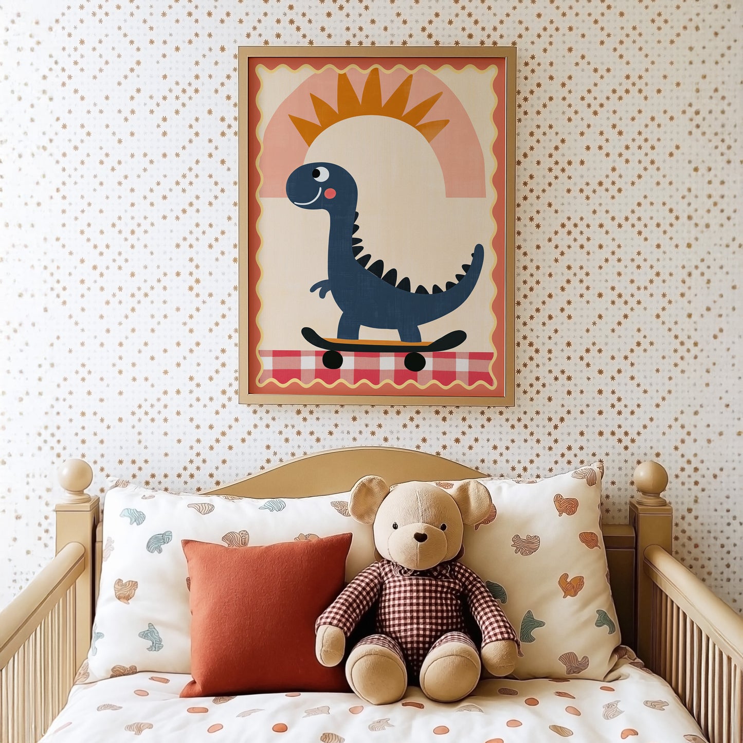 Poster Kinderzimmer Dino · Skateboard & Sonne · Lustiger Dinosaurier · Boho Farben · Geschenkidee für Kinder · Deko Print ohne Rahmen-4