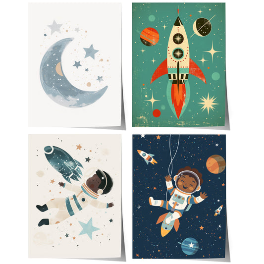 Astronaut Poster Kinderzimmer · Geschenkidee für Kinder · Kinderzimmer Deko  · Weltraum Rakete & Planeten · Deko Print ohne Rahmen-0