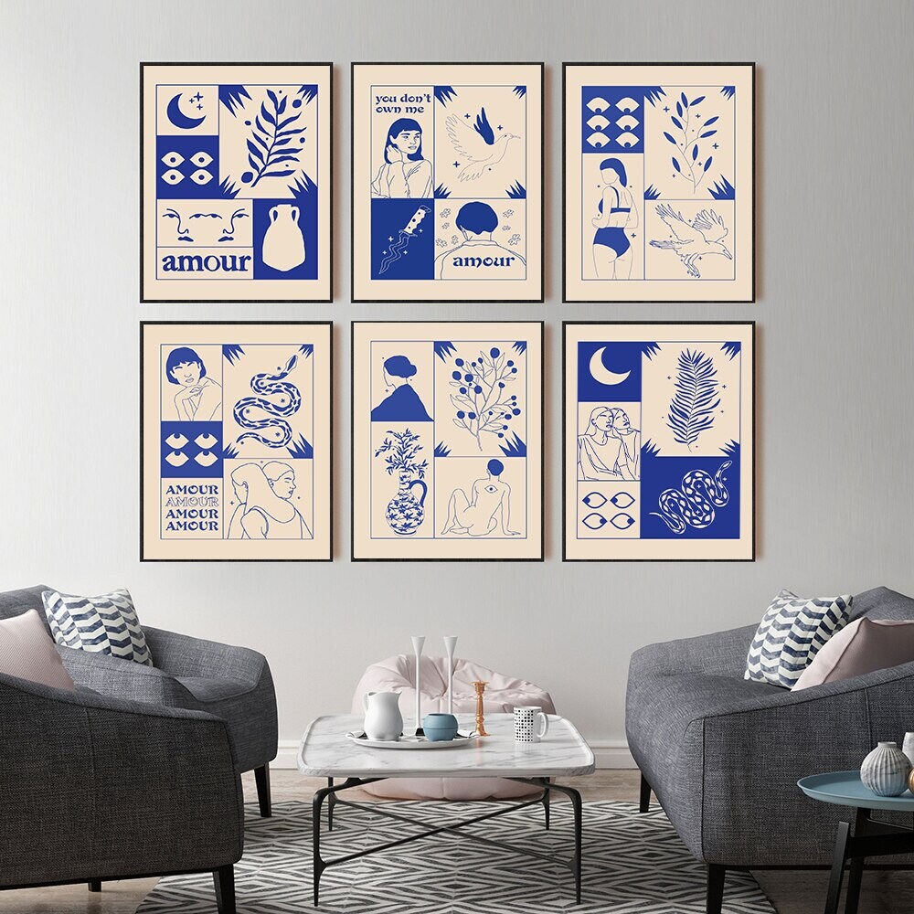 Poster Vintage Amour Wahrsagerin in Retro Stil Liebe macht Sie Blind in Blau als Deko Print ohne Rahmen-1