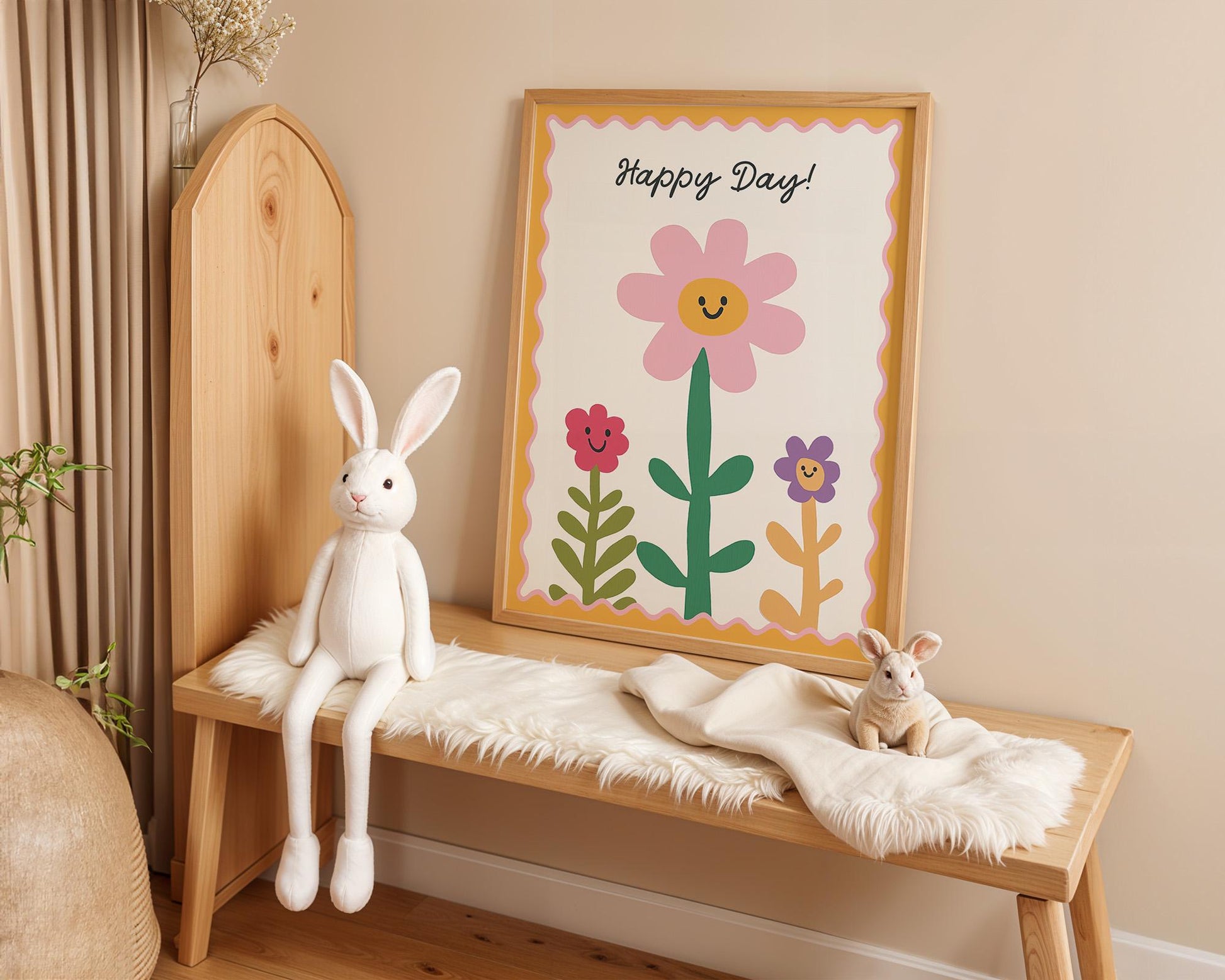 Poster Kinderzimmer Blumen · Happy Day! Schriftzug · Fröhliche Blumendeko in Pastell · Wandbild für Kinder · Dekoprint Ohne Rahmen-2
