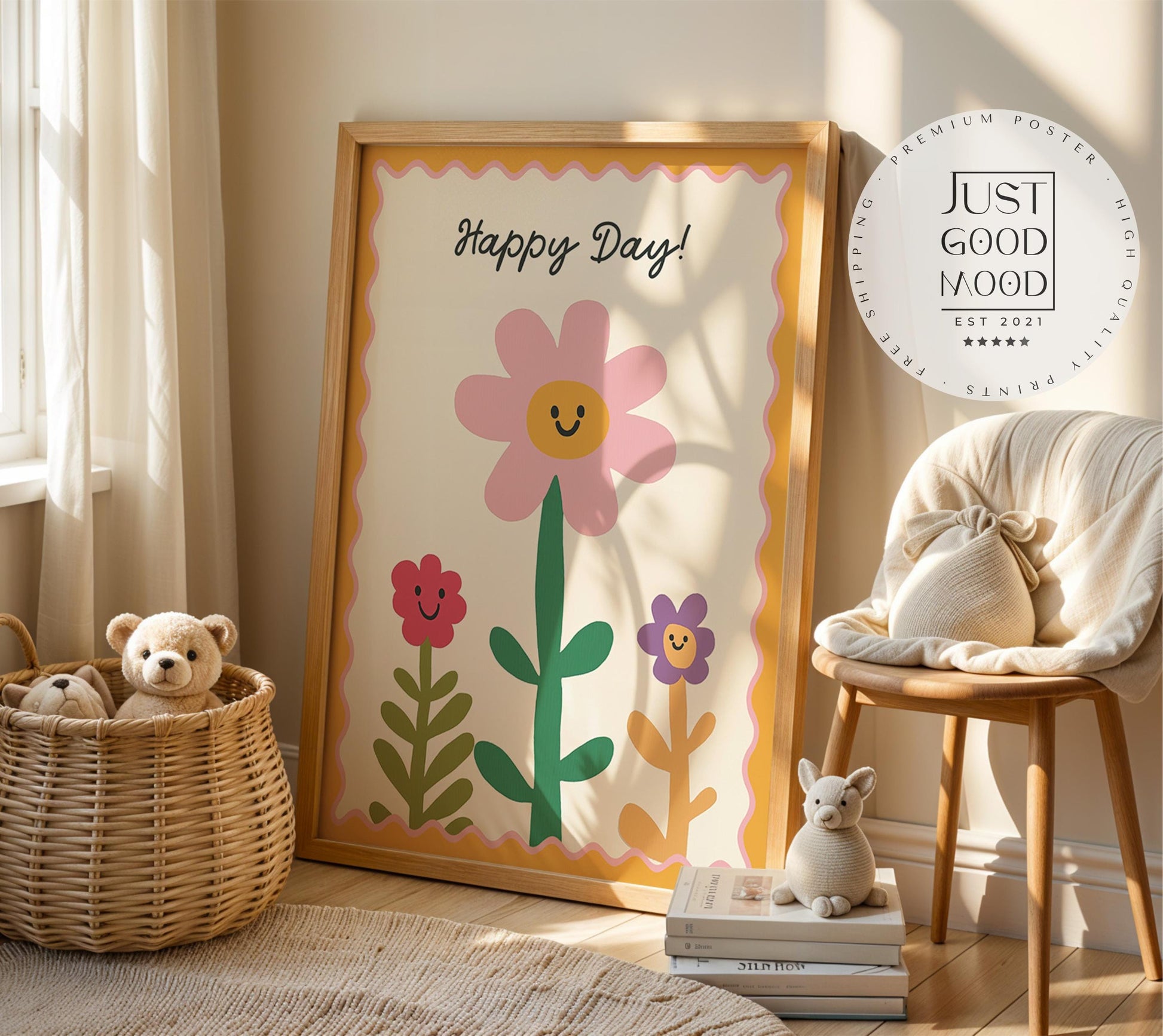 Poster Kinderzimmer Blumen · Happy Day! Schriftzug · Fröhliche Blumendeko in Pastell · Wandbild für Kinder · Dekoprint Ohne Rahmen-0