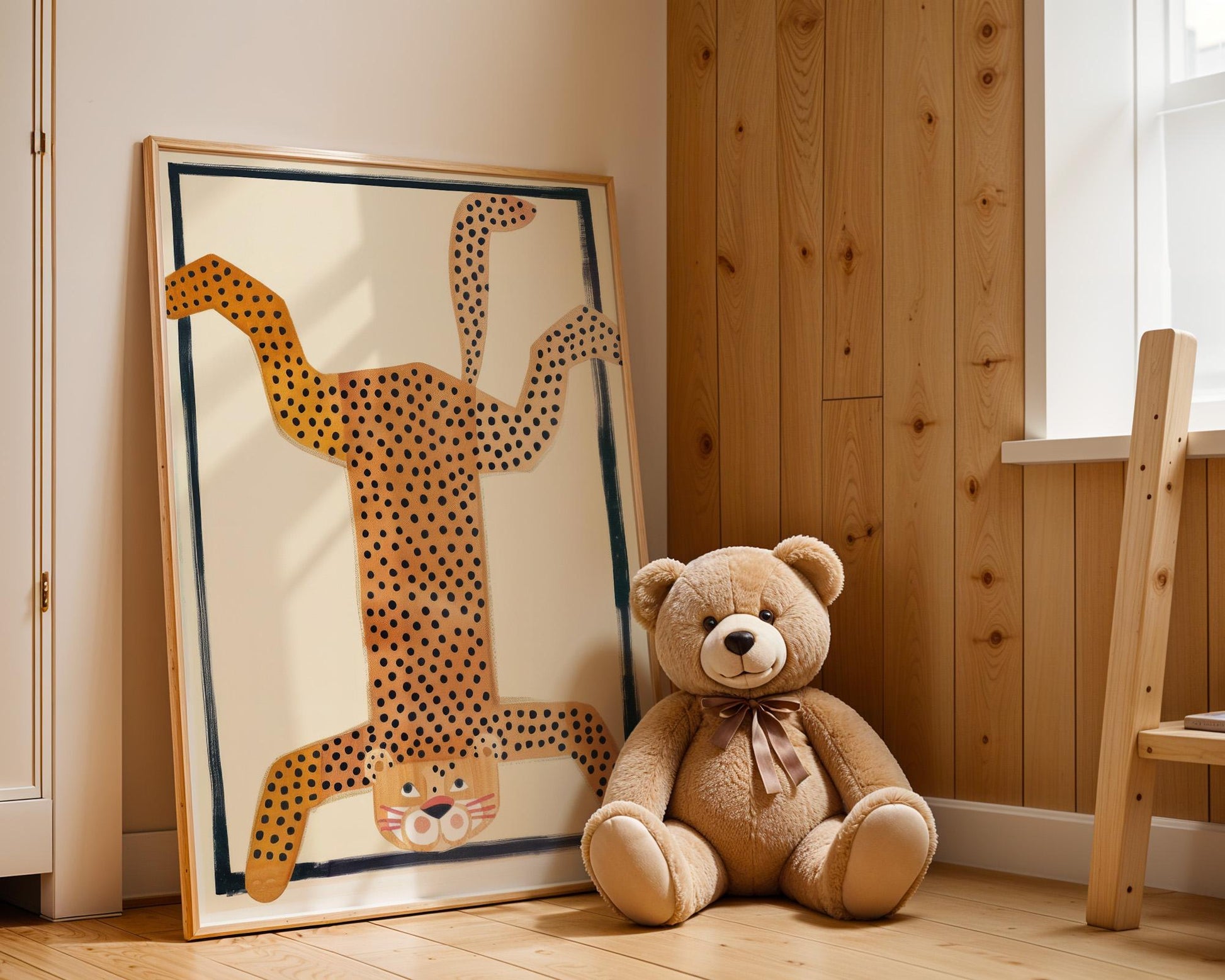 Poster Kinderzimmer Tier · Gepunkteter Leopard Kopfstand · Lustiges Wandbild im Retro Look · Wilde Tierdeko für Kinder · ohne Rahmen-3