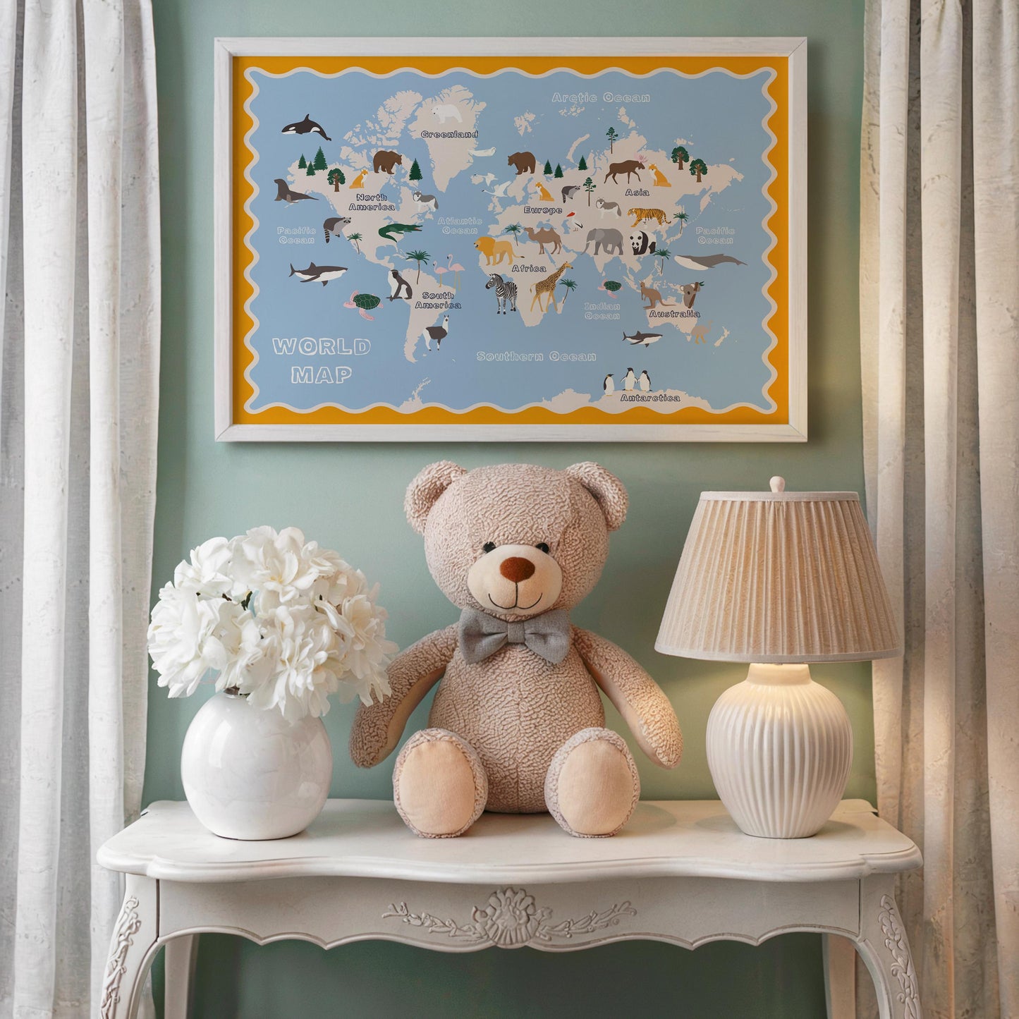 Poster Kinderzimmer Weltkarte · Tiere der Welt für Kinder · Lernposter mit Kontinenten & Ozeanen · Pädagogische Deko · Print ohne Rahmen-3