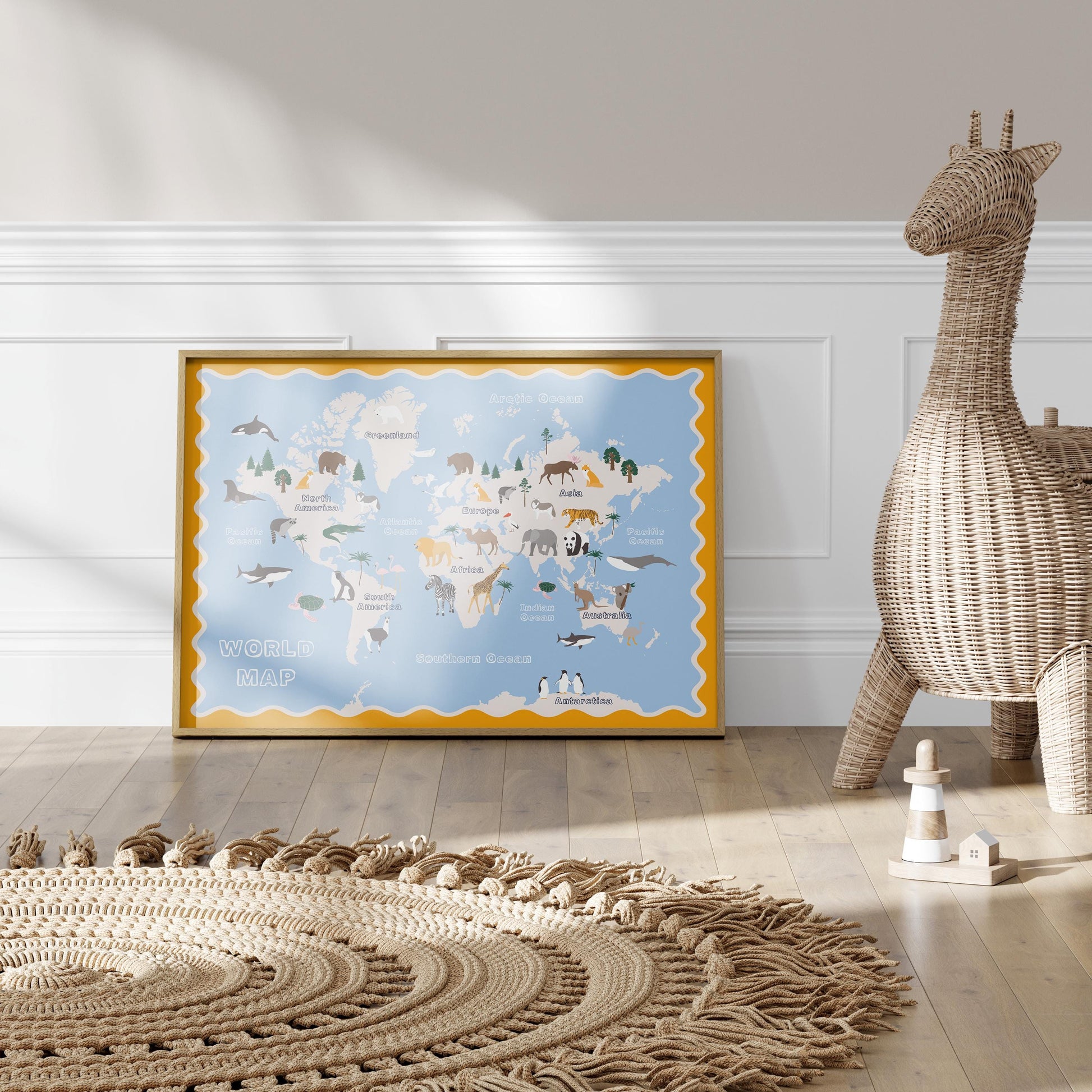 Poster Kinderzimmer Weltkarte · Tiere der Welt für Kinder · Lernposter mit Kontinenten & Ozeanen · Pädagogische Deko · Print ohne Rahmen-4