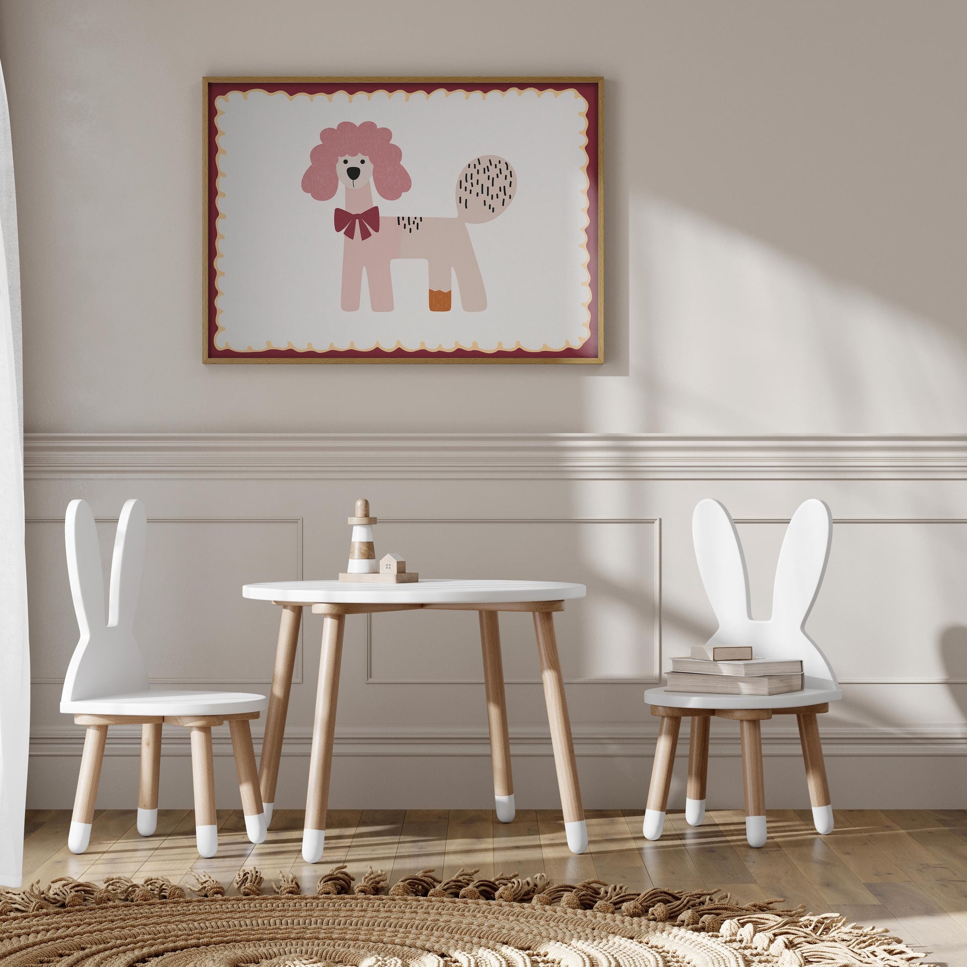 Poster Kinderzimmer Hund · Rosa Pudel mit Schleife · Verspieltes Tierposter im Retro Look · Liebevolle Deko für Kinder · Print ohne Rahmen-3