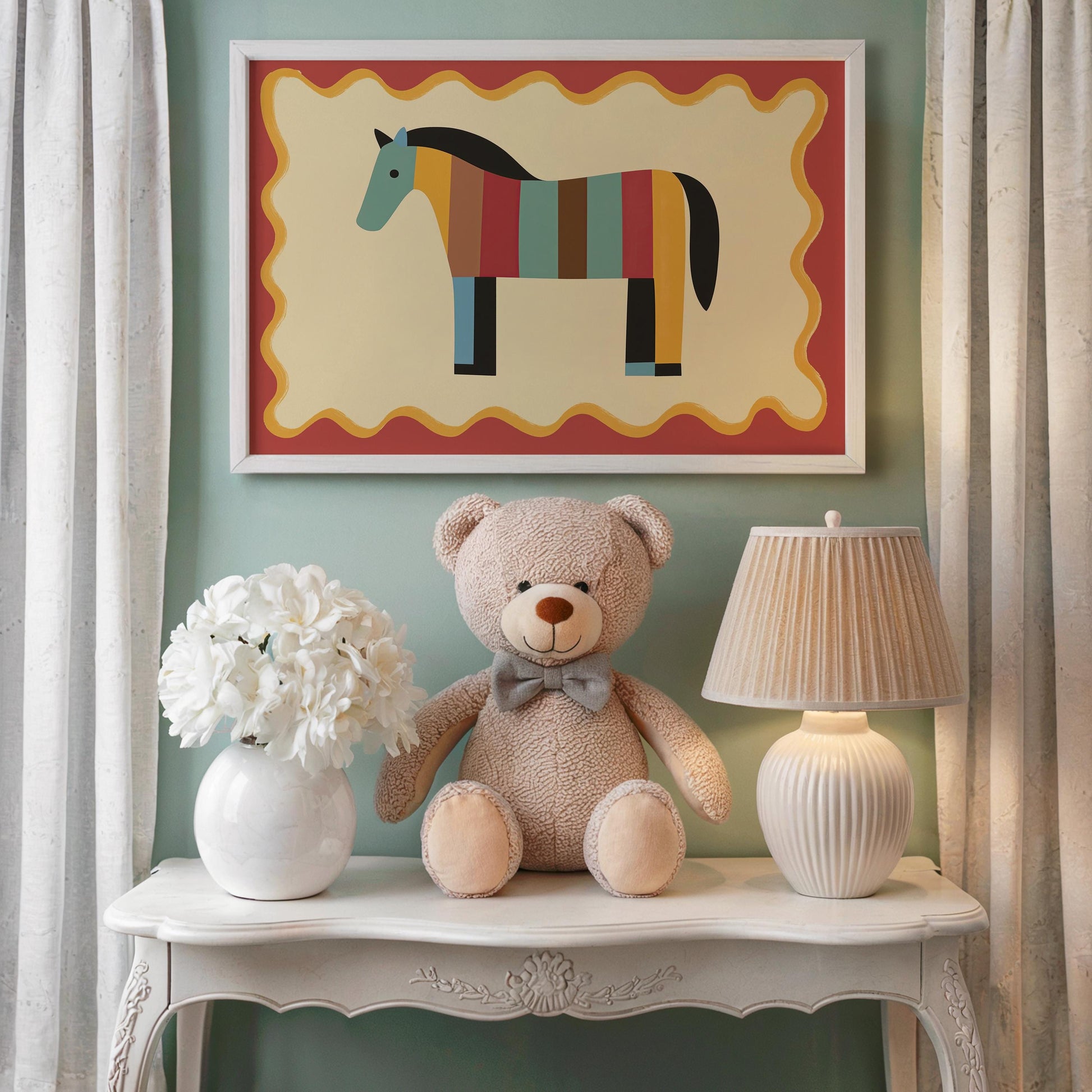 Poster Kinderzimmer Pferd · Bunt gestreiftes Pferd · Farbenfrohe Deko für Mädchen & Jungen · Fröhliches Tierposter Dekoprint ohne Rahmen-2