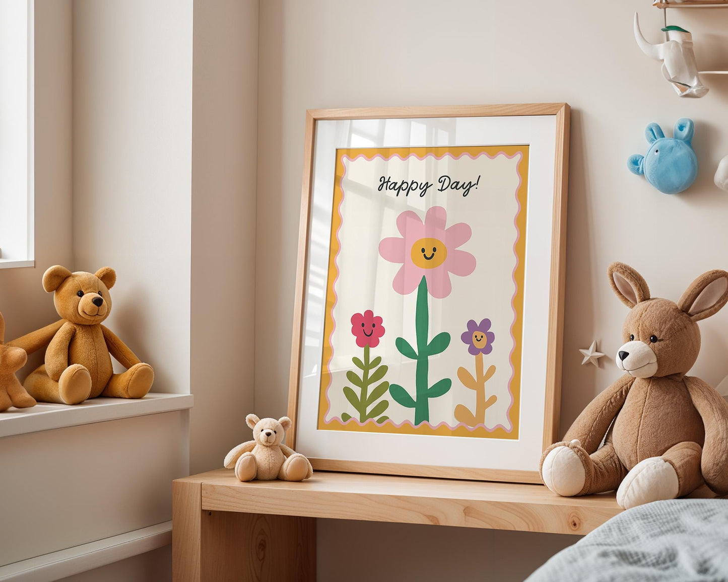 Poster Kinderzimmer Blumen · Happy Day! Schriftzug · Fröhliche Blumendeko in Pastell · Wandbild für Kinder · Dekoprint Ohne Rahmen-1