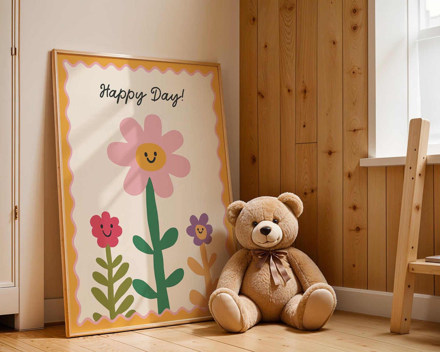 Poster Kinderzimmer Blumen · Happy Day! Schriftzug · Fröhliche Blumendeko in Pastell · Wandbild für Kinder · Dekoprint Ohne Rahmen-3