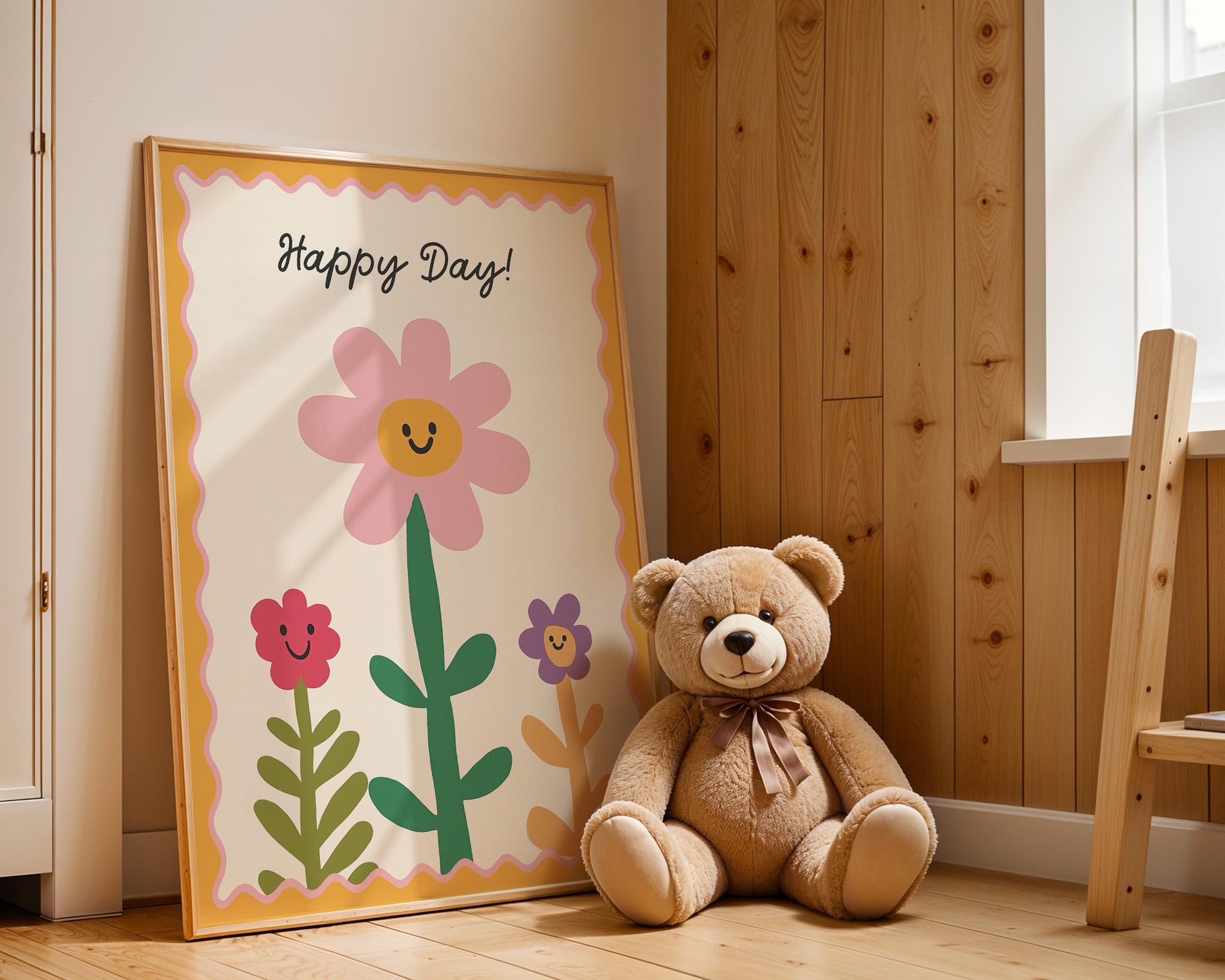 Poster Kinderzimmer Blumen · Happy Day! Schriftzug · Fröhliche Blumendeko in Pastell · Wandbild für Kinder · Dekoprint Ohne Rahmen-3