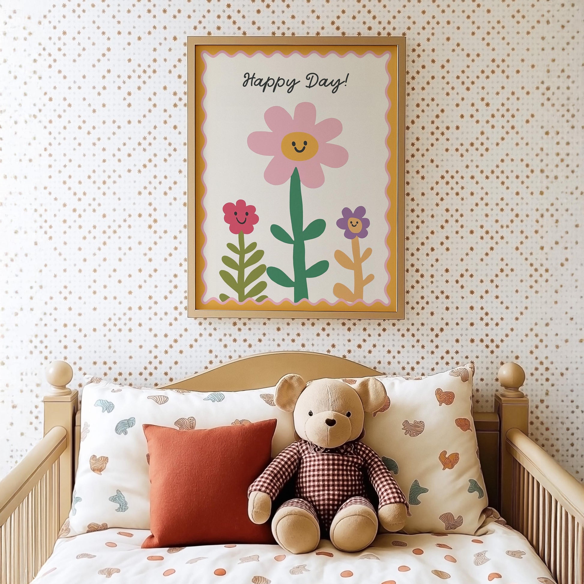 Poster Kinderzimmer Blumen · Happy Day! Schriftzug · Fröhliche Blumendeko in Pastell · Wandbild für Kinder · Dekoprint Ohne Rahmen-4