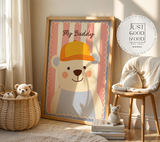 Poster Kinderzimmer Bär · My Buddy Schriftzug · Süßes Tierposter mit Mütze · Rosa & Pastell Deko · Freundliches Wandbild · Ohne Rahmen-0