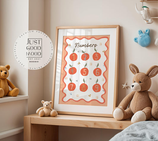 Poster Kinderzimmer Zahlen · Lernposter mit Früchten 19 · Spielerisch Zählen lernen · Pädagogische Deko im Boho Stil · Ohne Rahmen-0