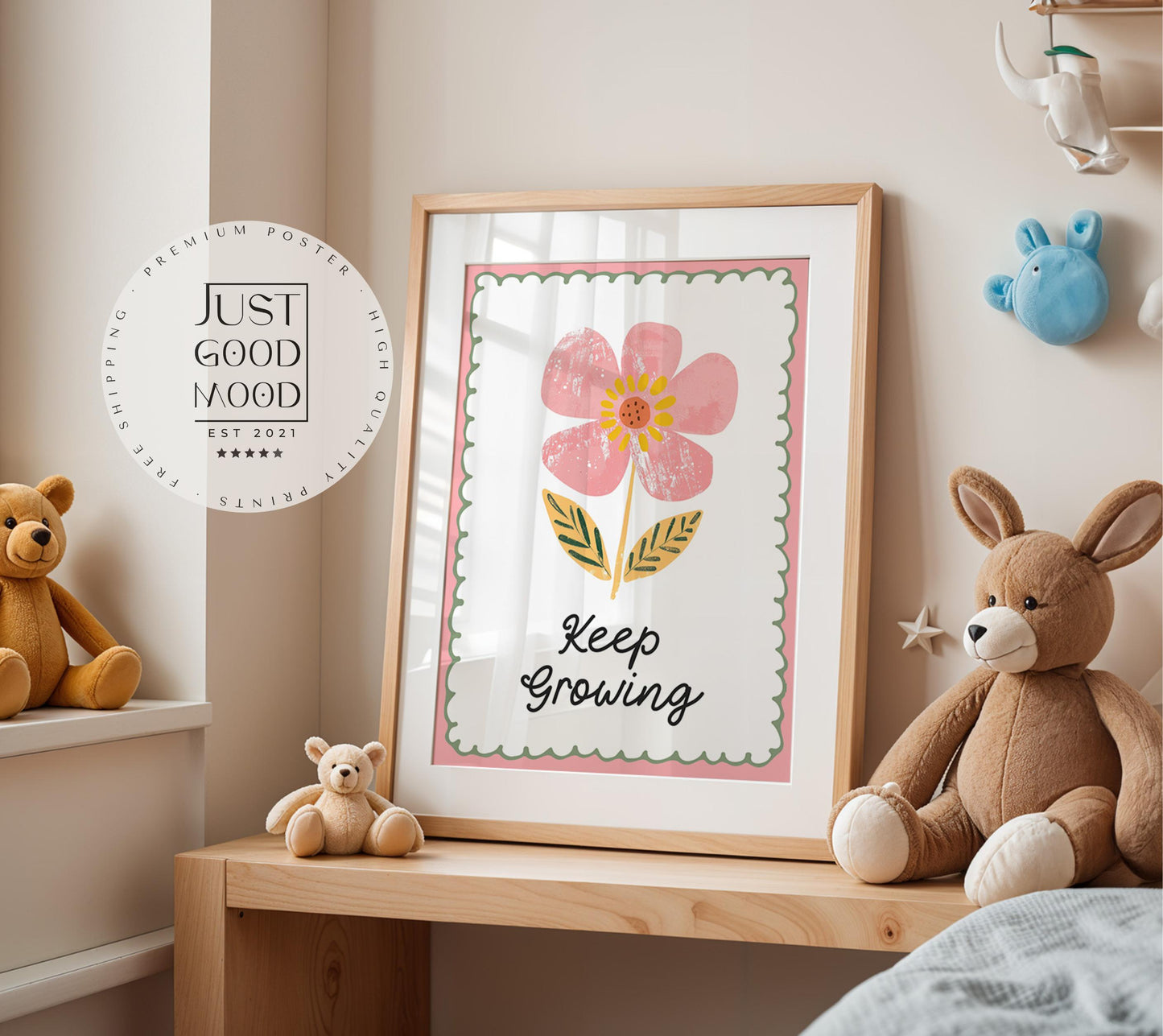 Poster Kinderzimmer Blume · Keep Growing Spruch · Liebevolle Deko mit Botschaft · Pastellfarben & Naturmotiv · Dekoprint ohne Rahmen-1