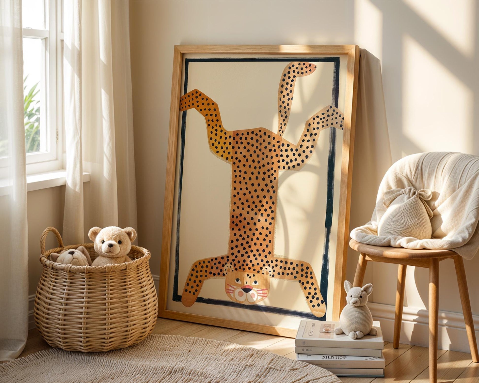 Poster Kinderzimmer Tier · Gepunkteter Leopard Kopfstand · Lustiges Wandbild im Retro Look · Wilde Tierdeko für Kinder · ohne Rahmen-4