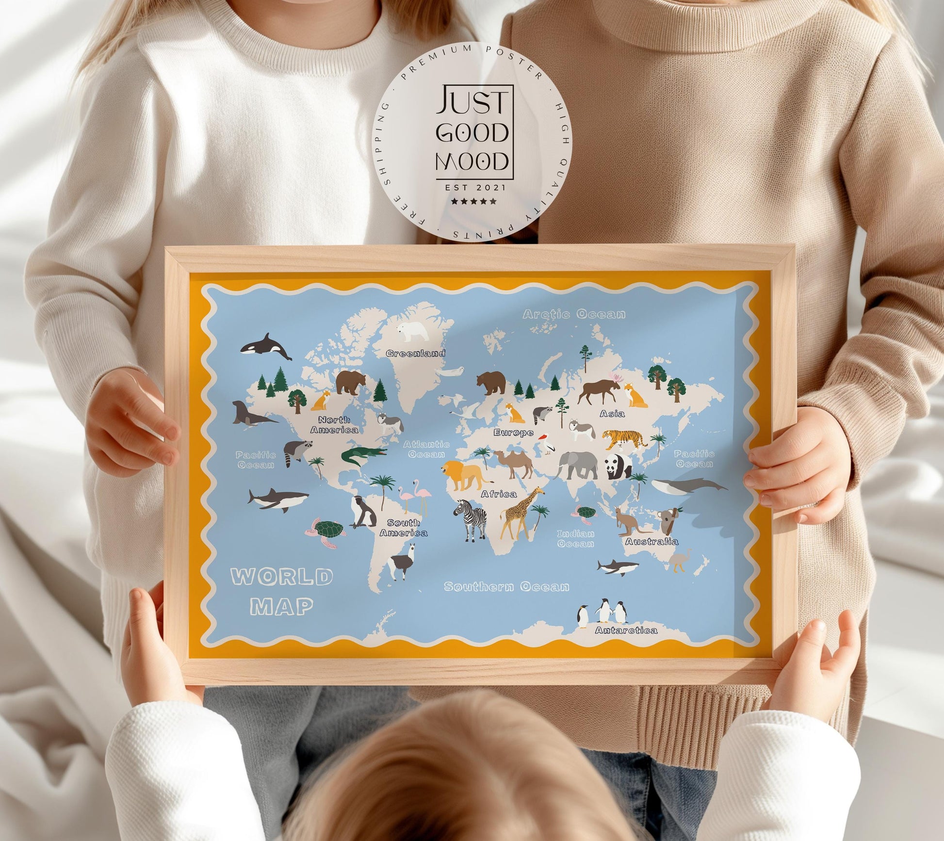 Poster Kinderzimmer Weltkarte · Tiere der Welt für Kinder · Lernposter mit Kontinenten & Ozeanen · Pädagogische Deko · Print ohne Rahmen-1