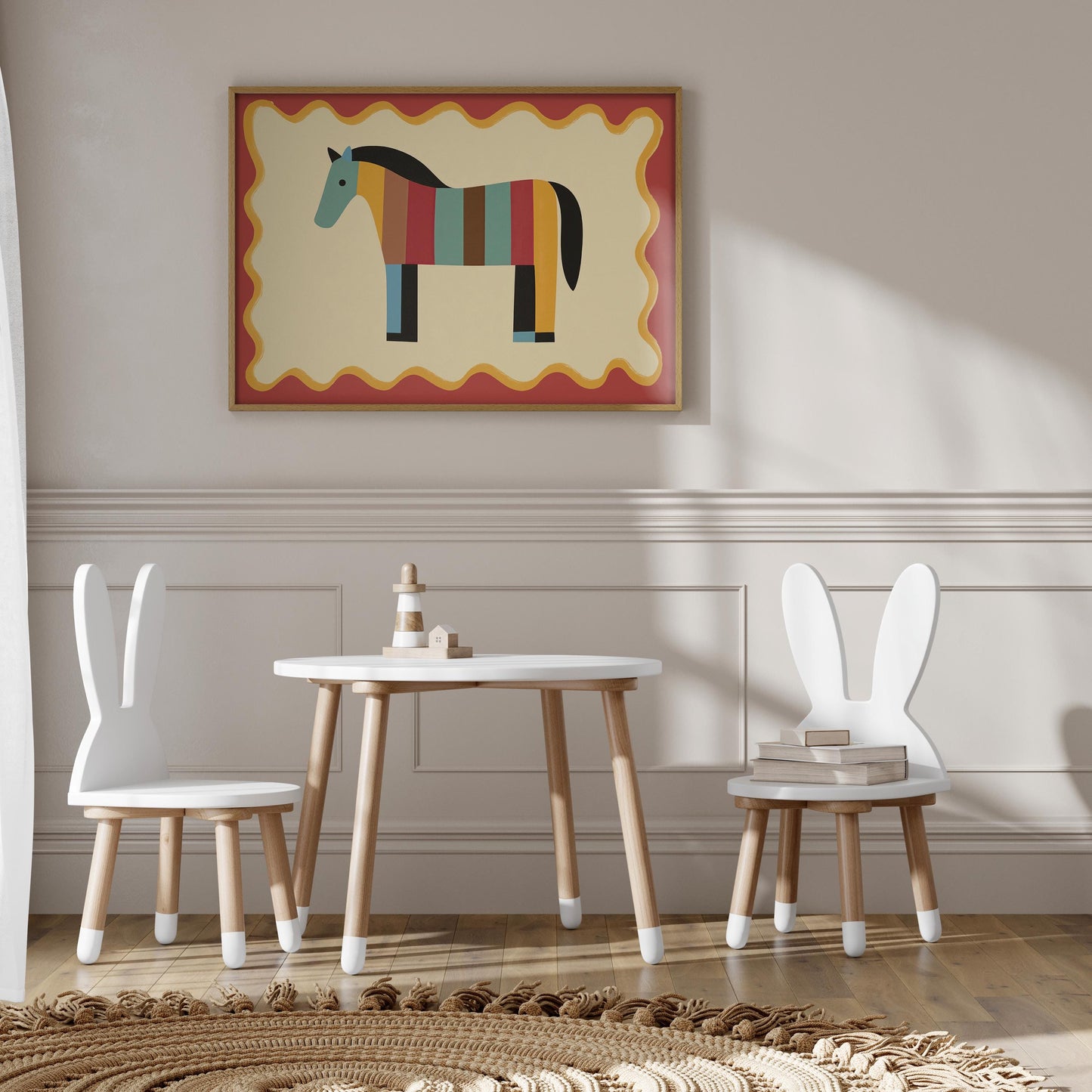 Poster Kinderzimmer Pferd · Bunt gestreiftes Pferd · Farbenfrohe Deko für Mädchen & Jungen · Fröhliches Tierposter Dekoprint ohne Rahmen-3