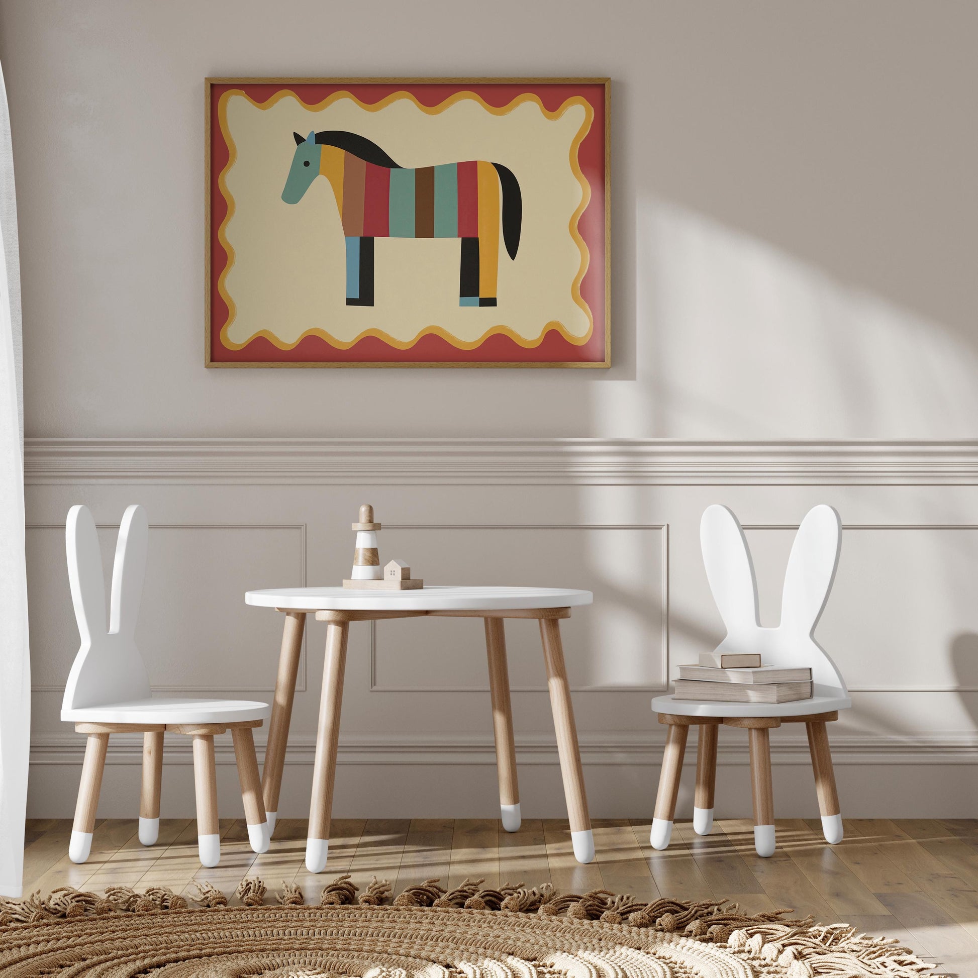 Poster Kinderzimmer Pferd · Bunt gestreiftes Pferd · Farbenfrohe Deko für Mädchen & Jungen · Fröhliches Tierposter Dekoprint ohne Rahmen-3