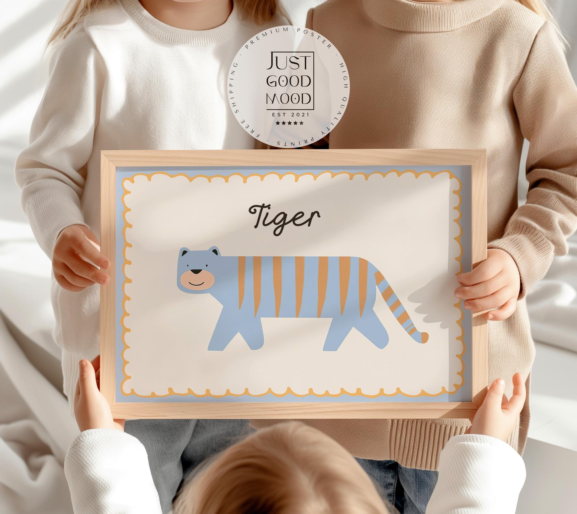 Poster Kinderzimmer Tiger · Süßer blauer Tiger mit Streifen · Tierposter für Jungen & Mädchen · Skandi Dekoprint ohne Rahmen-0