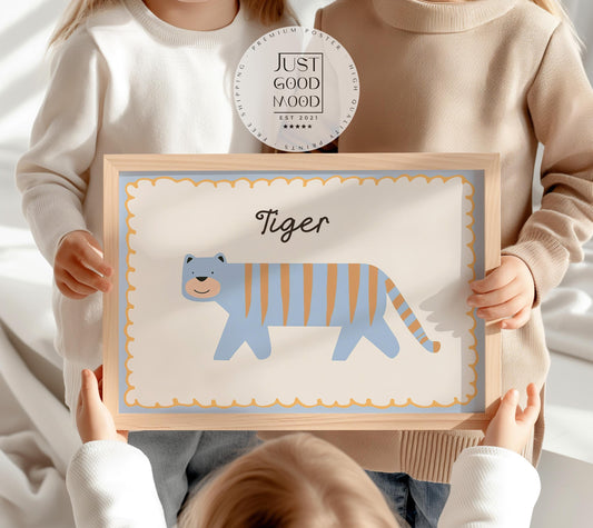 Poster Kinderzimmer Tiger · Süßer blauer Tiger mit Streifen · Tierposter für Jungen & Mädchen · Skandi Dekoprint ohne Rahmen-0