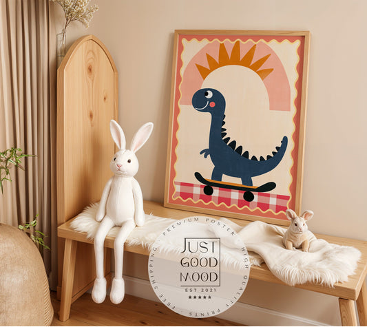 Poster Kinderzimmer Dino · Skateboard & Sonne · Lustiger Dinosaurier · Boho Farben · Geschenkidee für Kinder · Deko Print ohne Rahmen-0