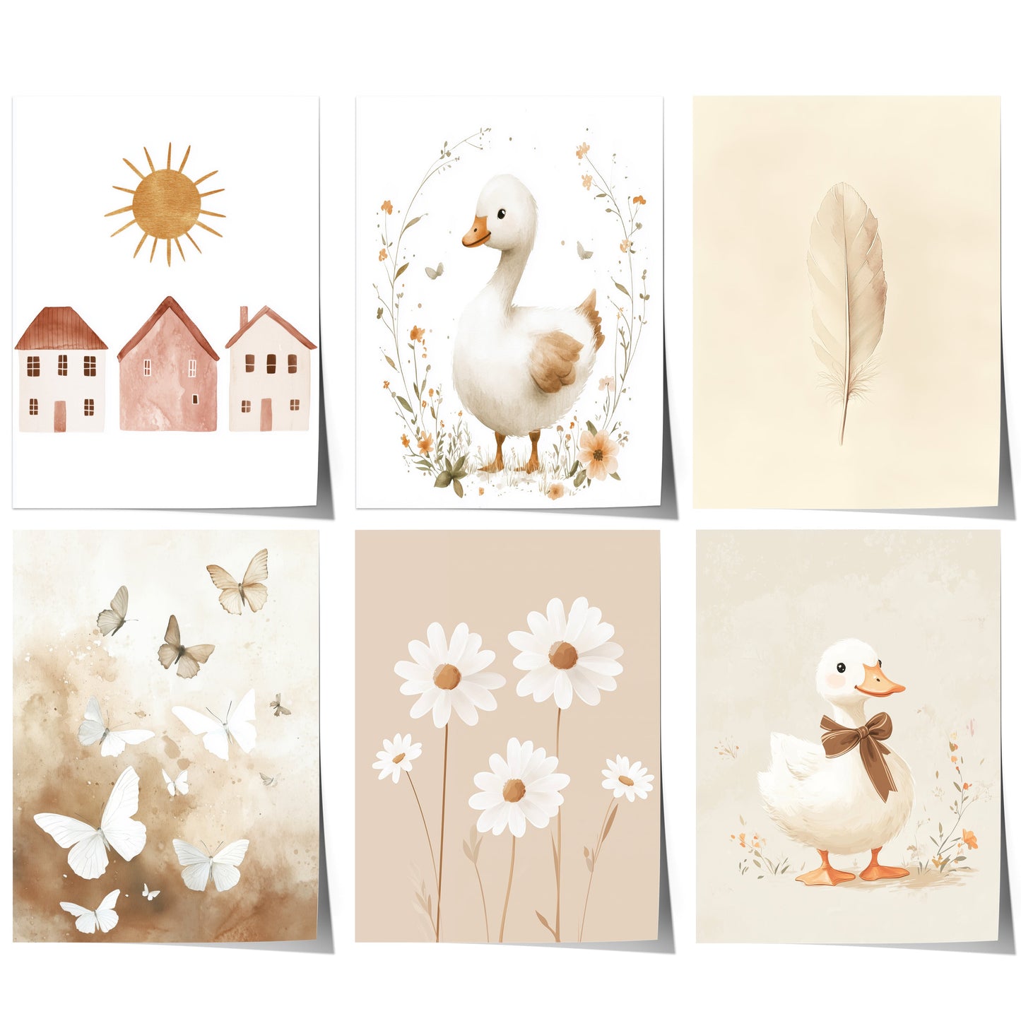 Boho Babyzimmer Poster · Niedliche Ente , Schmetterlinge, Gänseblümchen, Häuser & Sonne  Scandi Kinderzimmer Deko · Deko Print ohne Rahmen-0