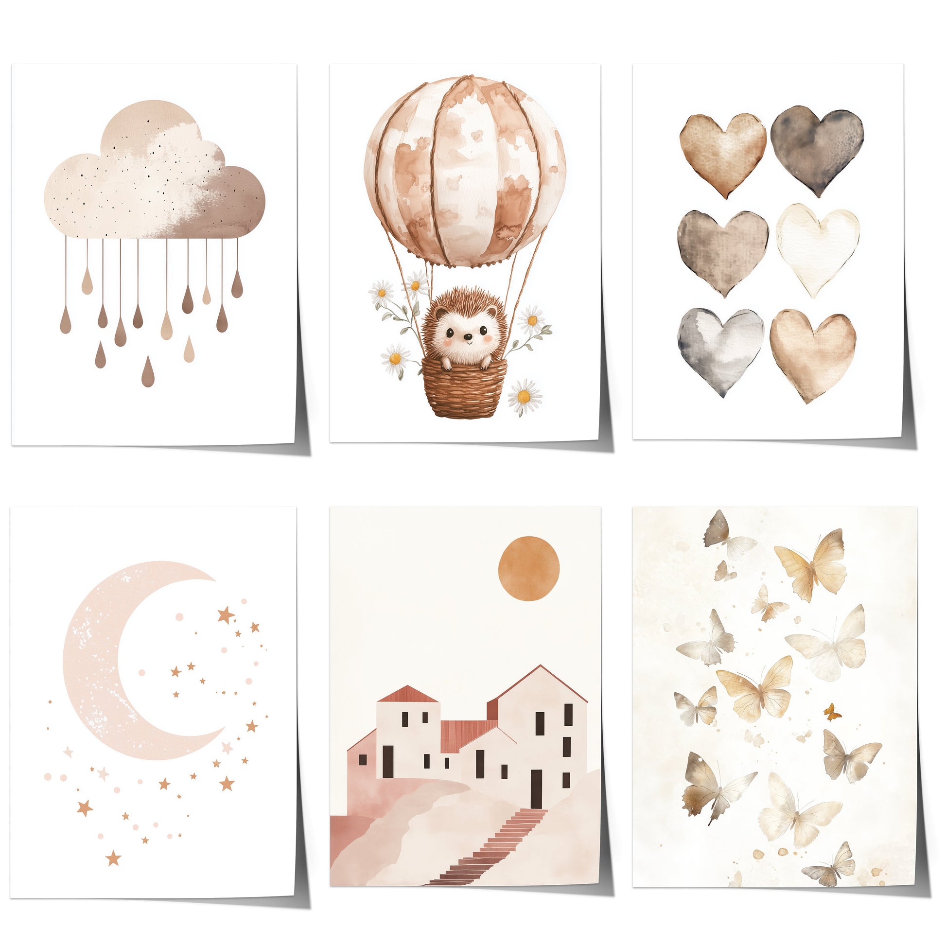 Boho Babyzimmer Poster · Wolke, Heißluftballon , Herzen , Mond und Sterne , Haus und Sonne , Schmetterlinge · Deko Print ohne Rahmen-0