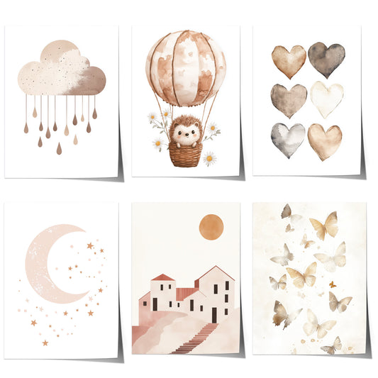 Boho Babyzimmer Poster · Wolke, Heißluftballon , Herzen , Mond und Sterne , Haus und Sonne , Schmetterlinge · Deko Print ohne Rahmen-0