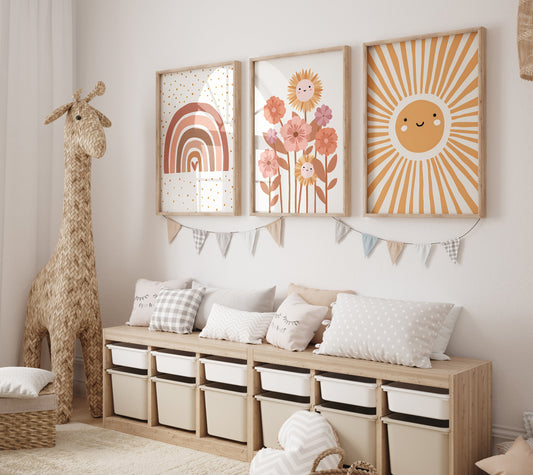 Poster Kinderzimmer Bilder Sonnenstrahlen Blumen Regenbogen Wolke Sonne als Deko Print ohne Rahmen-0