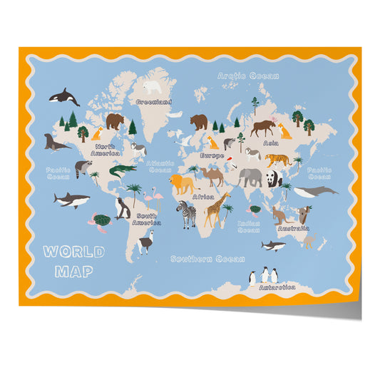 Poster Kinderzimmer Weltkarte · Tiere der Welt für Kinder · Lernposter mit Kontinenten & Ozeanen · Pädagogische Deko · Print ohne Rahmen-0